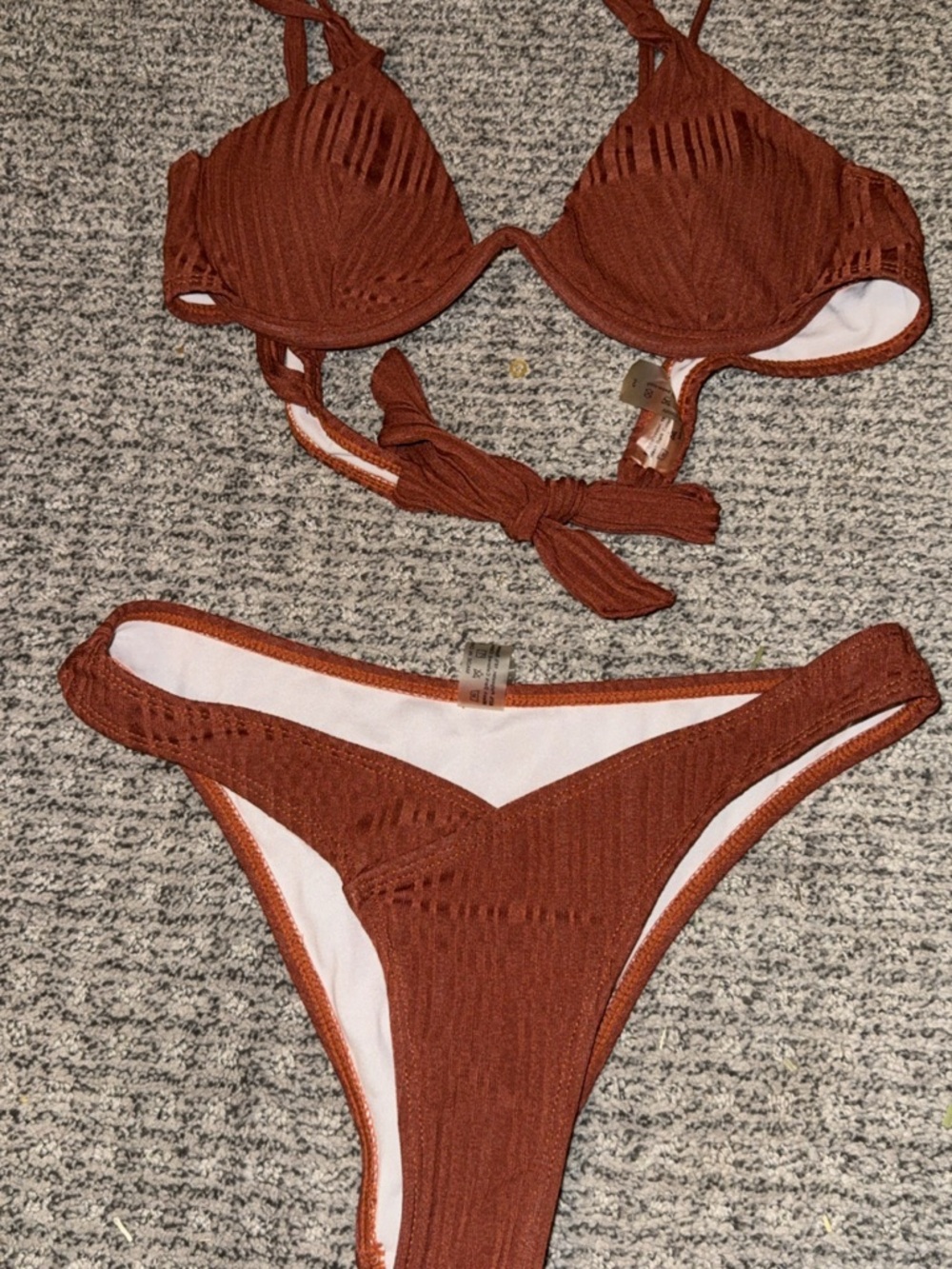 SHEIN Rust Brown Ribbed Tie-Back Bikini Set